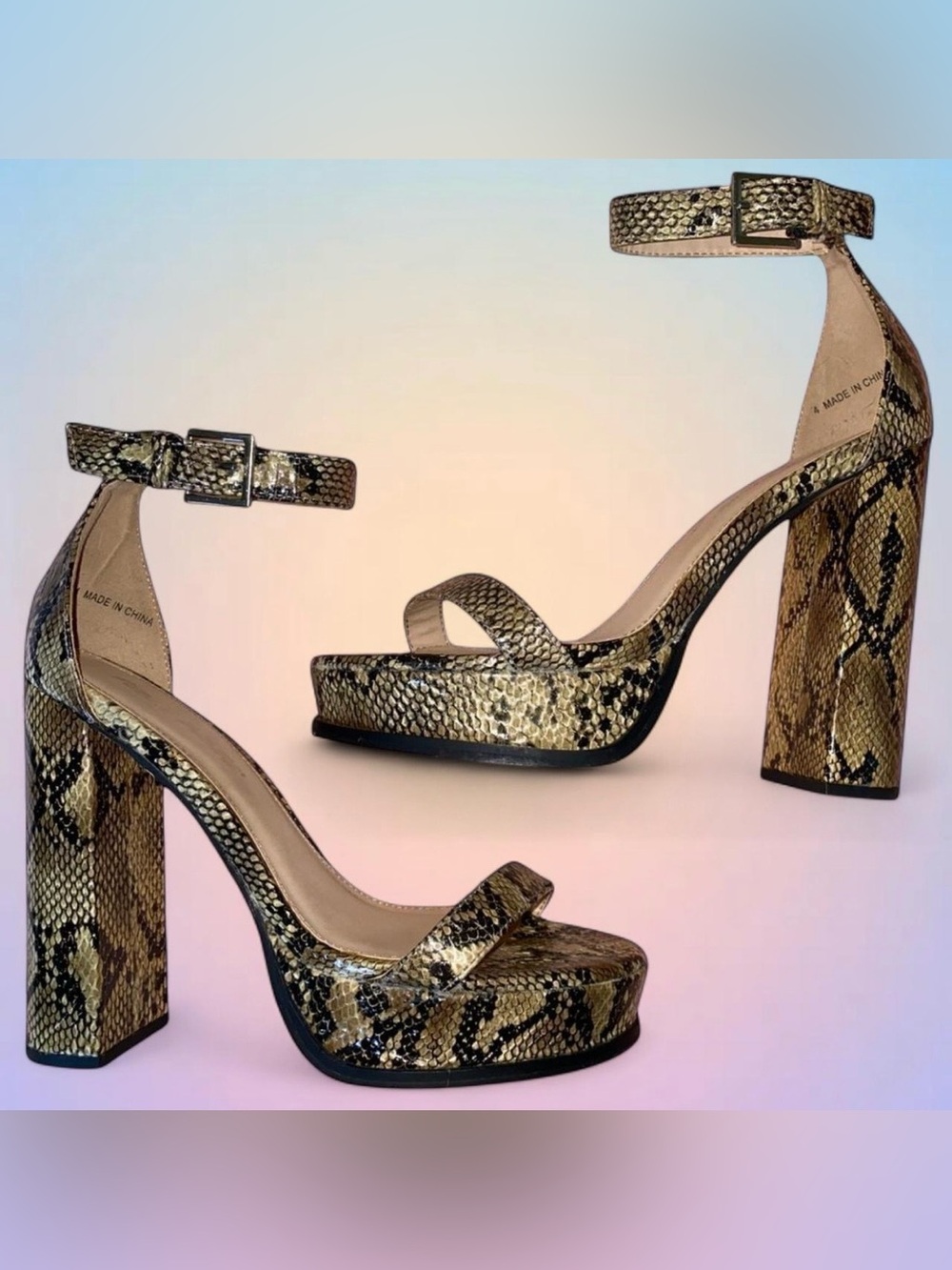 Public Desire Python-Print Platform Heel Sandal w/ Ankle Strap